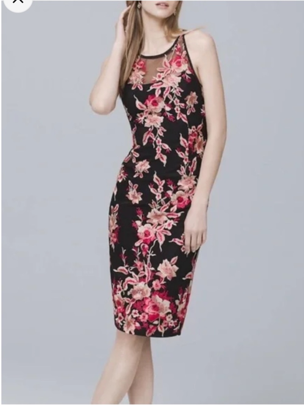 WHBM Black & Pink Floral Embroidered Sleeveless Sheath Dress Size 6